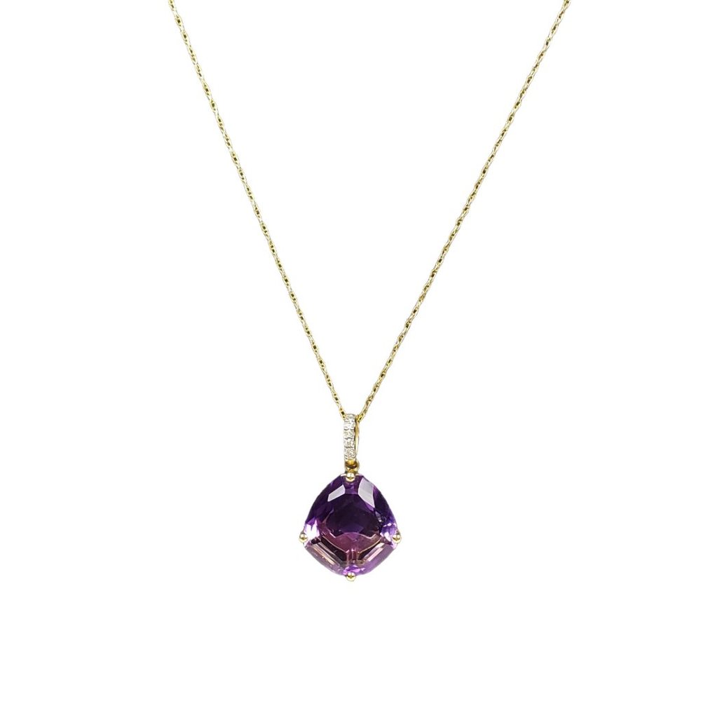 Purple 4.22 Carat Amethyst and Diamond Necklace 18" Yellow 14K Gold Chain